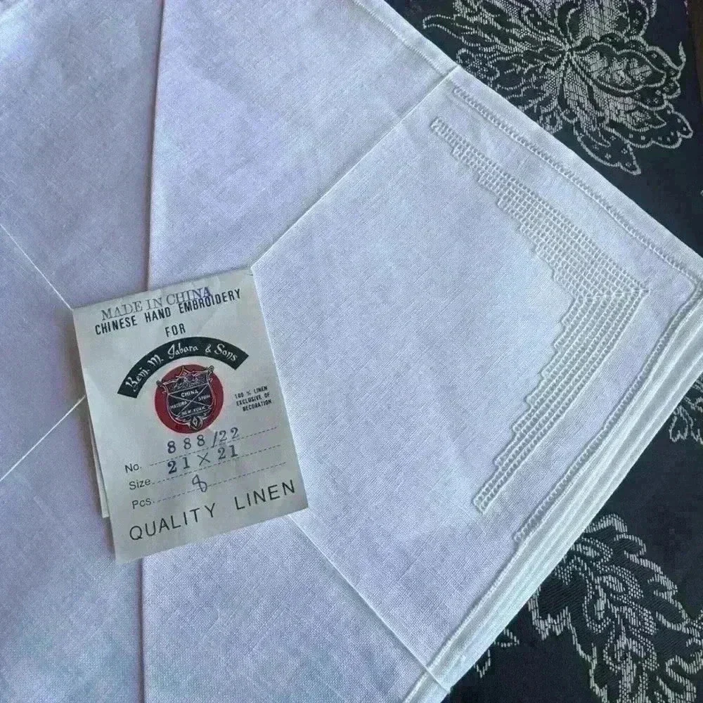 Vintage 1960 BENJAMIN M. JABARA & SONS white linen napkins hand embroidered 8 ct